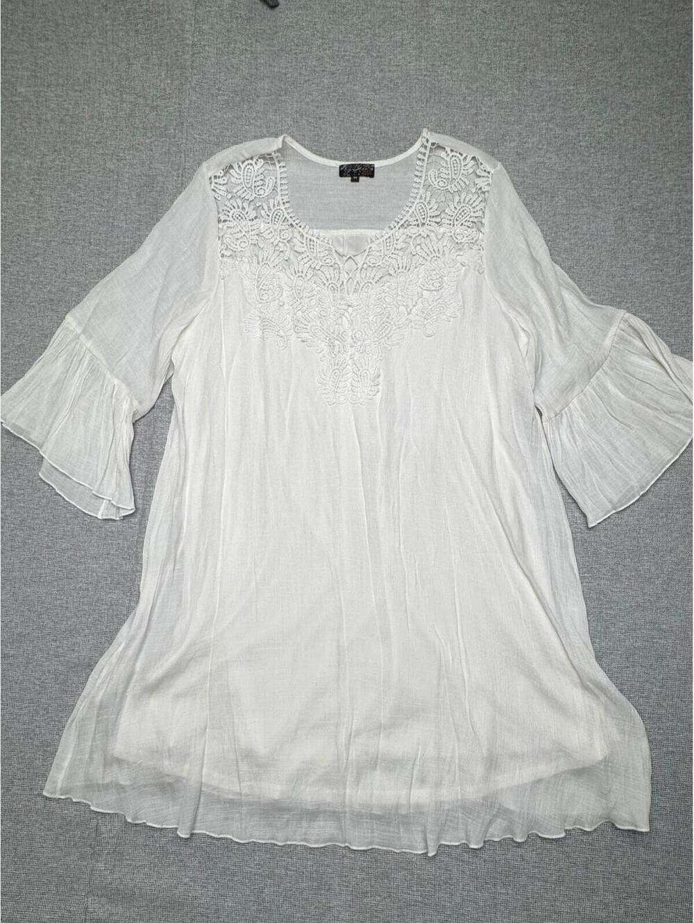 J. Gee Ivory Gauze Crochet Lace Babydoll Dress Sz 3X Boho Bell Sleeves